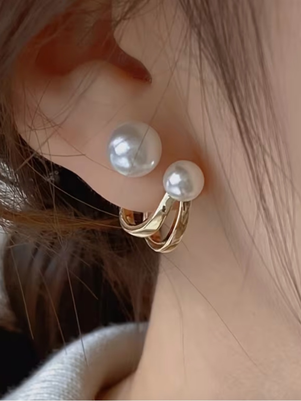 Double White Pearl With Gold Hoop Earrings. - Picture 1 of 8